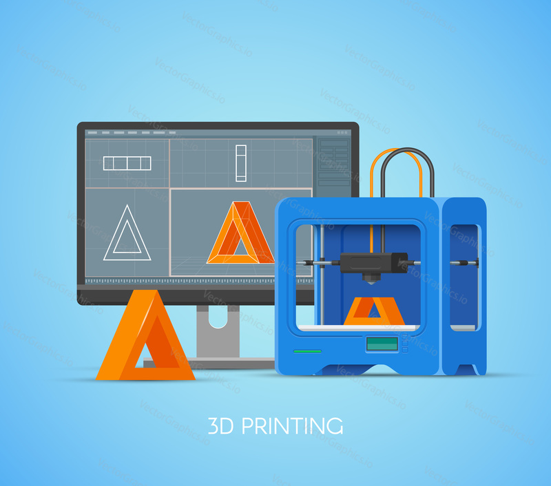 3D tisk vektorový koncept plakát v plochém stylu. Designové prvky a ikony. Průmyslová 3D tiskárna tiskne objekty z počítačového modelu.