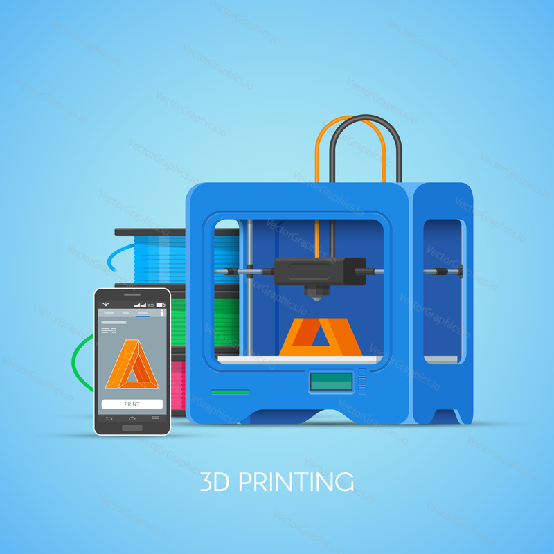 3D tisk vektorový koncept plakát v plochém stylu. Designové prvky a ikony. Průmyslová 3D tiskárna tiskne objekty ze smartphonu.