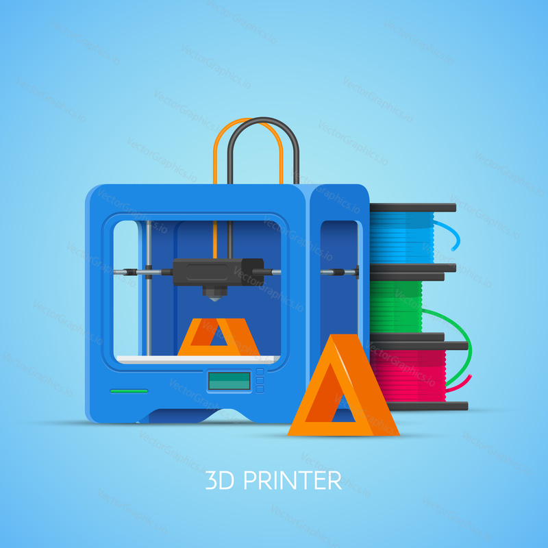 3D tisk vektorový koncept plakát v plochém stylu. Designové prvky a ikony. Průmyslová 3D tiskárna.