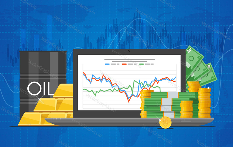 Barrel of oil price chart vector illustration in flat style. Stock chart on laptop screen. Pile of money, oil tanks.