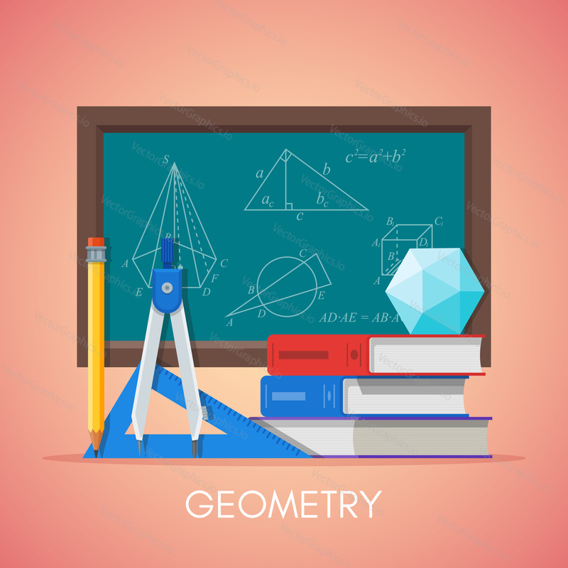 Geometry science education concept vector poster in flat style design. Geometry and math symbols on a school chalkboard.