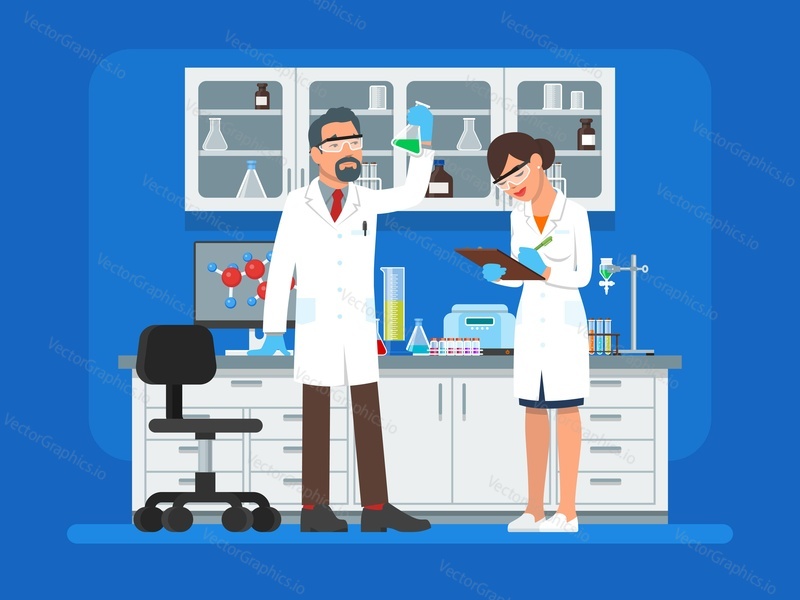 Vector illustration of scientists man and woman working at science lab. Laboratory interior, equipment and lab glassware. Chemistry education. Scientific research concept flat style design element.