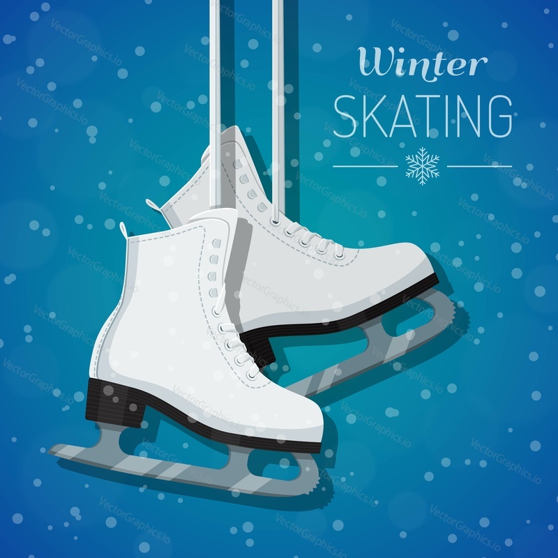 Vector illustration of womans white figure ice skates hanging on laces. Winter holidays card. Winter background with snowflakes. Flat style design.