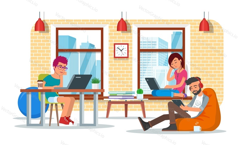 Coworking center concept vektorové ilustrace. Coworkingový tým. Lidé využívající notebooky, tablet, sluchátka a sluchátka. Plochý design.