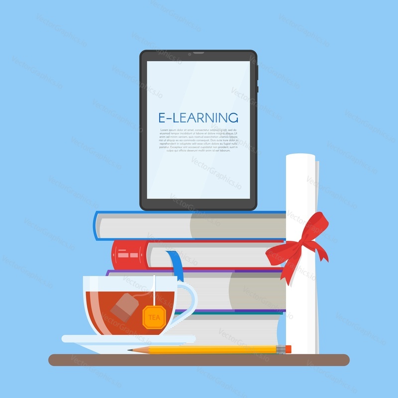 Electronic book concept vector illustration in flat style. Stack of books and e-book reader.