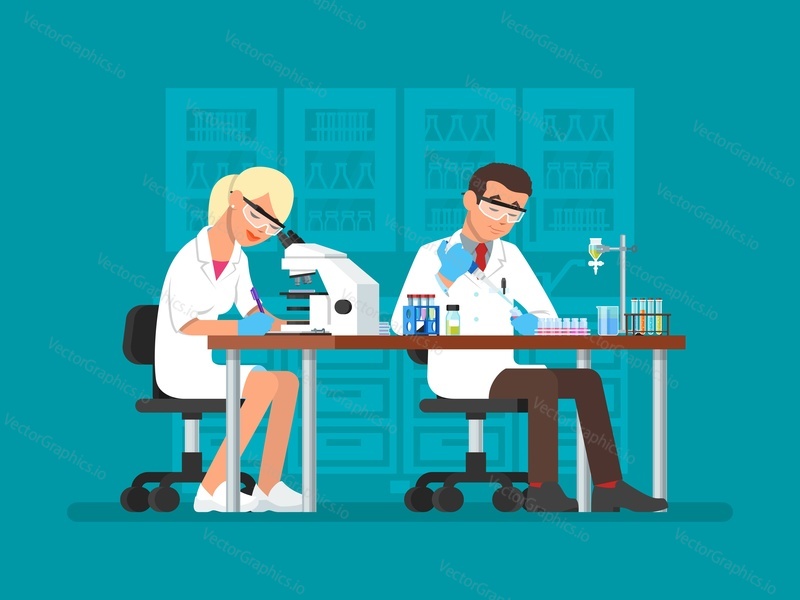Vector illustration of scientists man and woman working at science lab. Laboratory interior, equipment and lab glassware. Scientific research concept flat style design element.