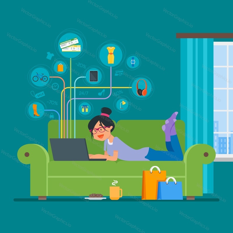 Online nakupování koncept vektorové ilustrace plochý styl designu. Dívka nakupování on-line na internetu zůstat doma. Interiér pokoje.