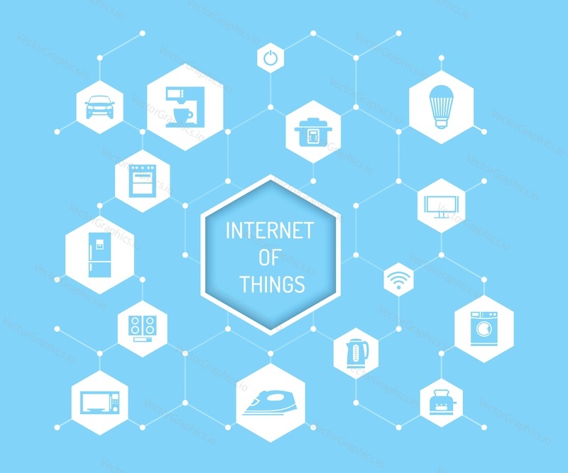 Internet of Things vector concept illustration. Household appliances, consumer electronics, auto icons and Internet of Things lettering in hexagon. Home automation concept design elements, flat style
