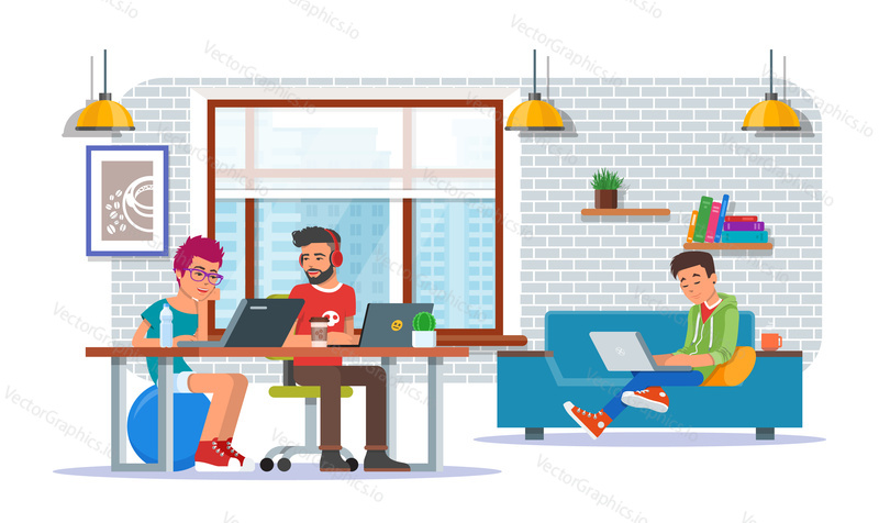 Coworking center concept vektorové ilustrace. Pracovní prostor, mladí lidé využívající notebooky a sluchátka. Ploché designové prvky.