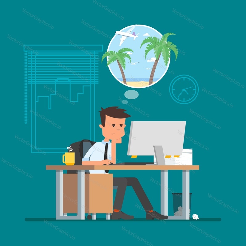 Business man working hard and dreaming about vacation on a beach. Vector illustration in flat cartoon style. Office worker in stress dreaming to go to tropical island.