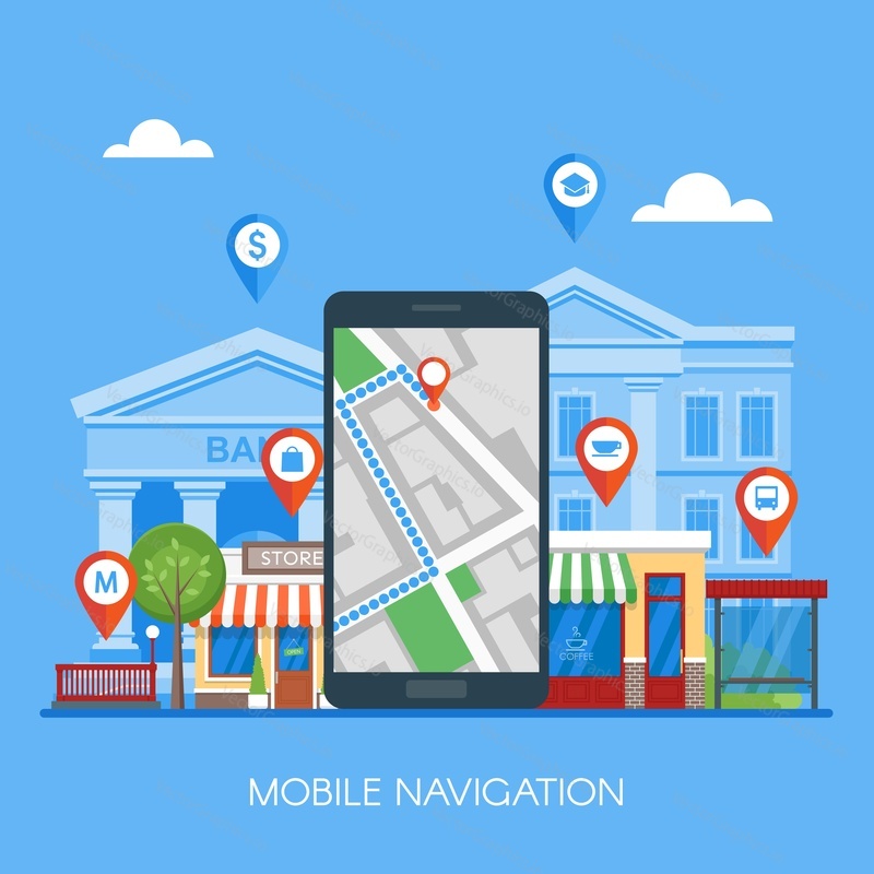 Vektorová ilustrace konceptu mobilní navigace. Smartphone s gps mapou města na obrazovce a trase. Check-in symboly. Plochý design.