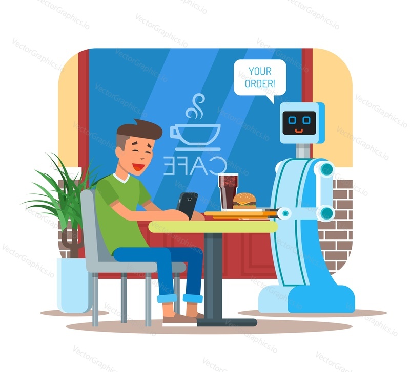 Vector illustration of robot waiter serving cola and hamburger to visitor. Your order speech bubble. Young man with mobile sitting at the table. Cafe interior and cartoon characters in flat design.