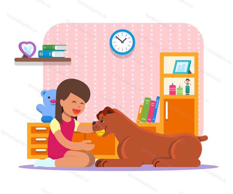 Vektorová ilustrace holčičky sedící na koberci a hrající si se svým psem v dětském pokoji. Zvíře. Interiér školky a kreslené postavičky v plochém designu.