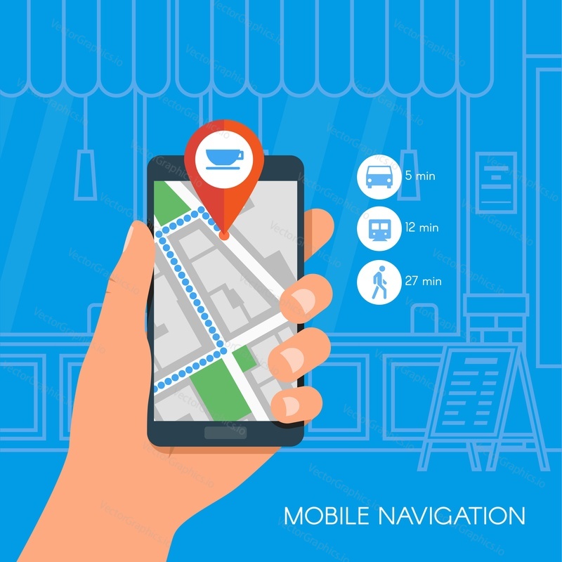 Vektorová ilustrace konceptu mobilní navigace. Ruční chytrý telefon s gps mapou města na obrazovce a trase. Check-in symboly. Plochý design.