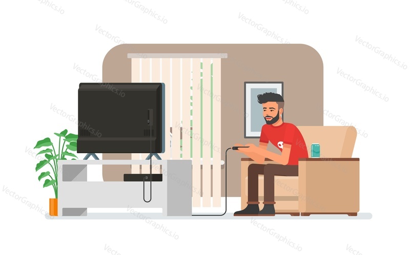 Usměvavý muž hraje videoherní konzoli doma. Vektorová ilustrace s bederním chlapem sedí na pohovce, drží herní ovladač a sleduje televizi. Interiér pokoje v plochém stylu.