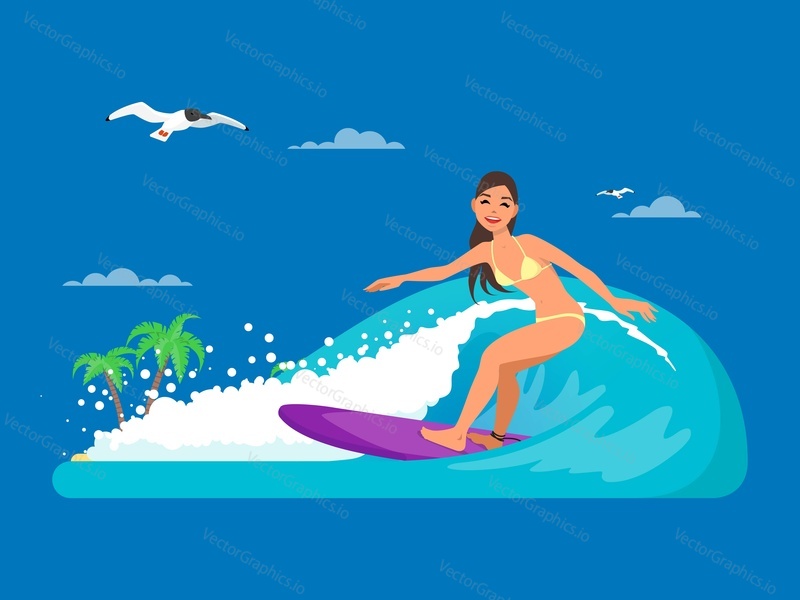 Vector illustration of young girl standing on surfboard and riding on ocean wave. Water sports concept design element in flat style.