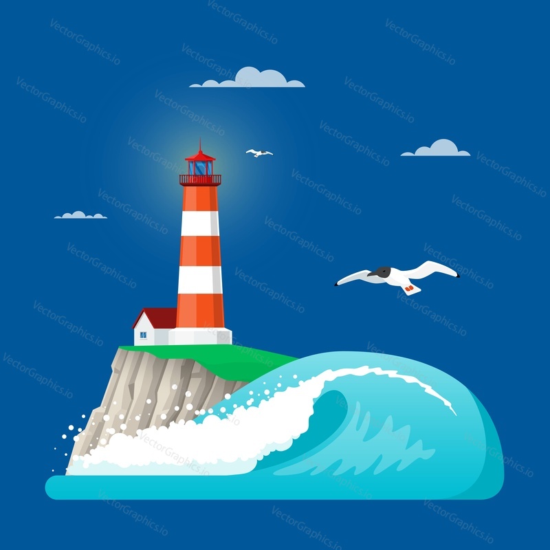 Vektorová ilustrace majáku na pobřežní skále nebo ostrovní skále, oceánské vlně a raccích. Ploché designové prvky.