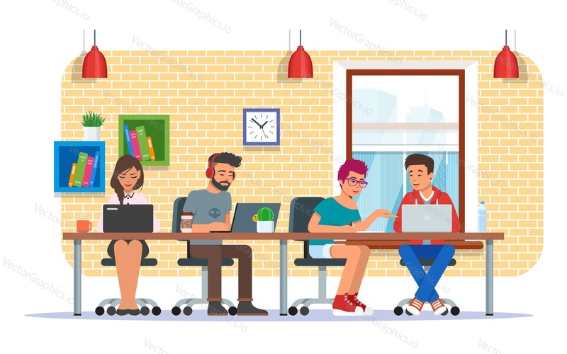 Coworkingové centrum, koncept týmové práce vektorová ilustrace v plochém stylu. Spolupracovníci, kolegové postavy využívající notebooky a sluchátka.