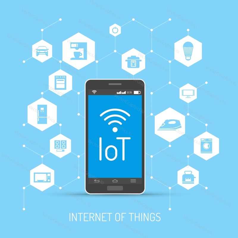 Internet of Things vector concept illustration. Smartphone with IoT lettering on screen. Household appliances, consumer electronics icons in hexagon. Home automation concept design element flat style