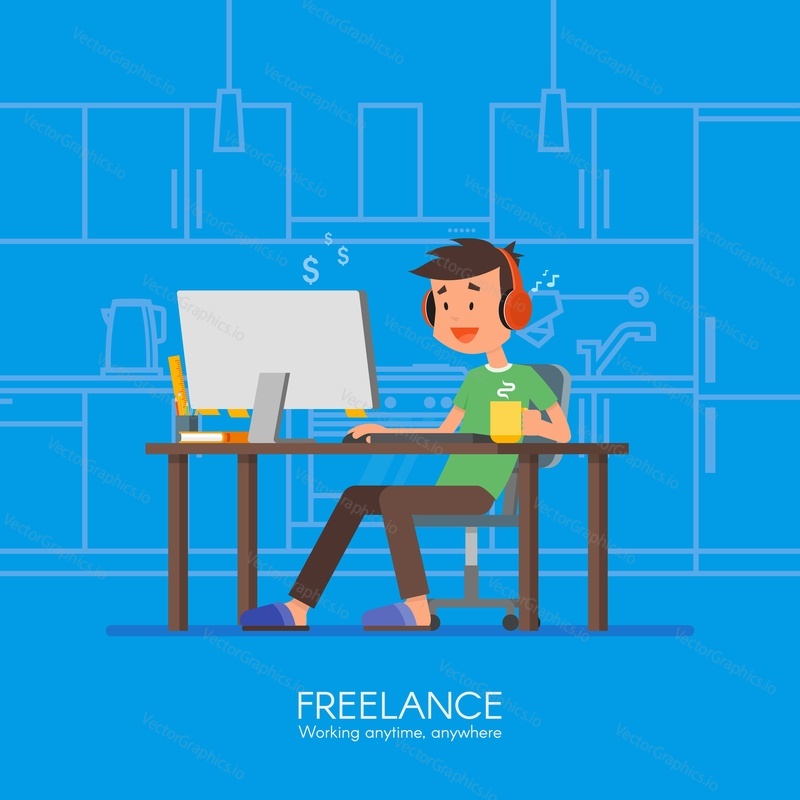 Male freelancer working remotely from his room. Freelance concept vector illustration in flat style design. Home office workplace. Online shopping.