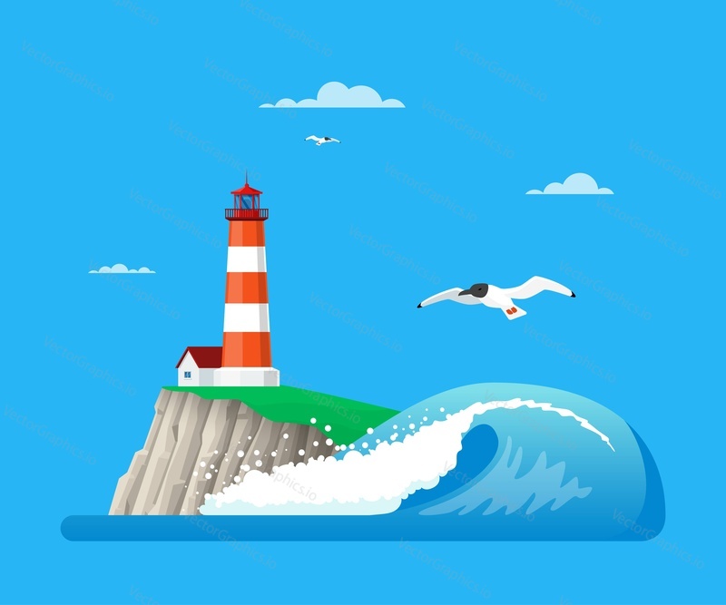 Vector illustration of lighthouse on island rock, ocean wave and seagulls. Seascape flat style design elements.