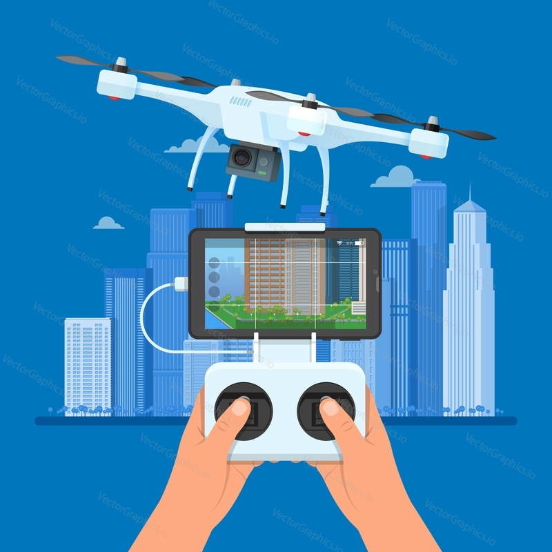 Drone with remote control flying over city. Aerial drone with camera taking photography and video concept vector illustration.