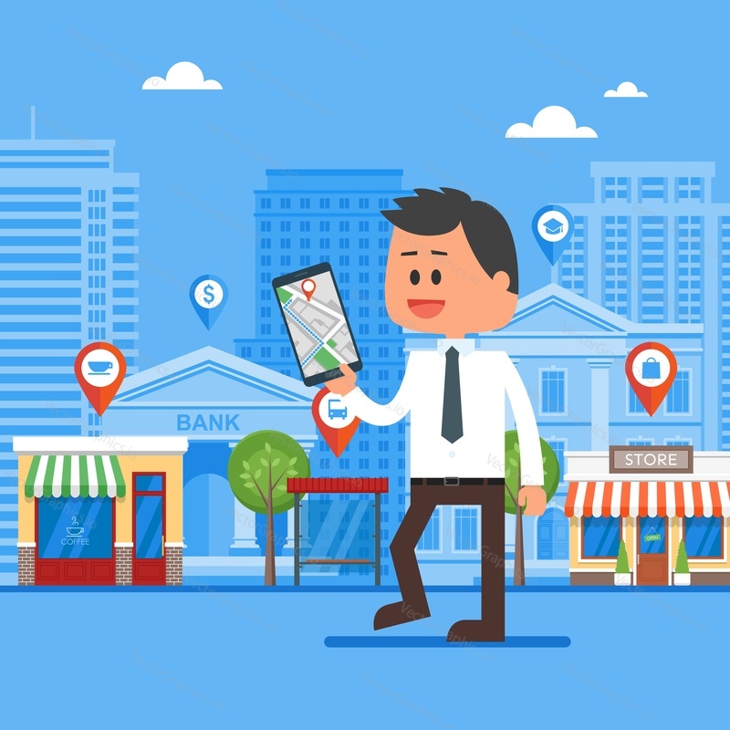 Vektorová ilustrace konceptu mobilní navigace. Muž drží smartphone s gps mapou města na obrazovce a trase. Check-in symboly. Plochý design.