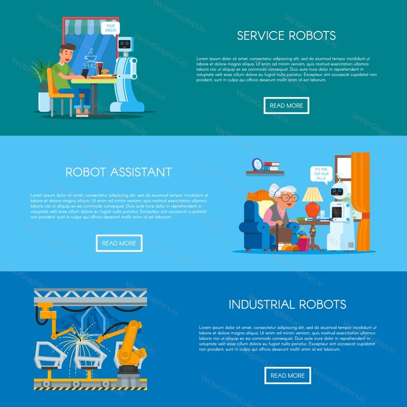 Vector set of horizontal banners with service robots, robot assistant and industrial robots design elements. Home, service and industrial automation concept in flat style.