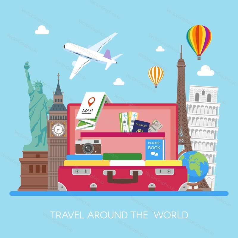 Travel concept vector illustration in flat style design. Airplane flying above tourists luggage, map, passport, tickets, photo camera and landmarks. Vacation and tourism background.