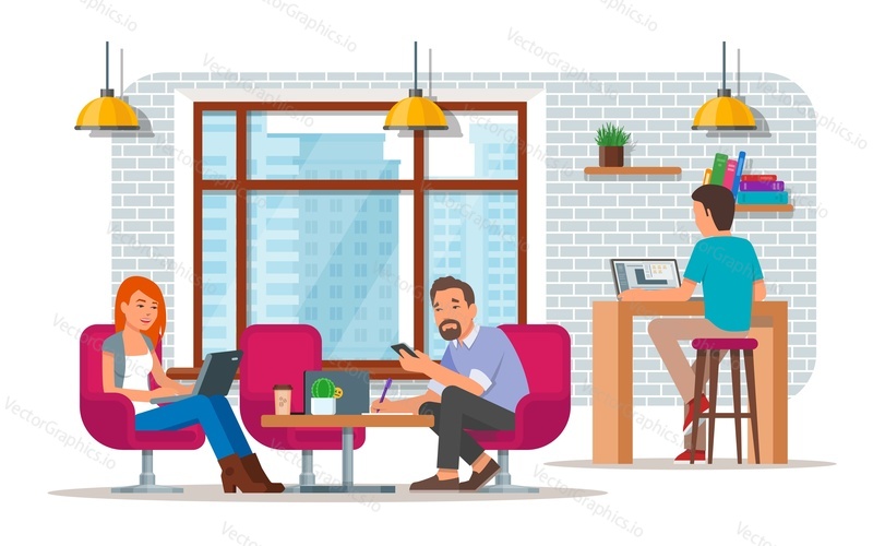 Coworking center concept vektorové ilustrace v plochém stylu. Coworkingový tým. Mladí muži a ženy využívající notebooky a chytrý telefon.