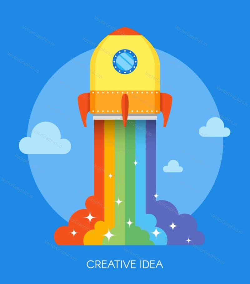 Koncept startu kosmické rakety. Vektorová ilustrace v designu plochého stylu. Nový obchodní projekt start-up. Ikona kreativního nápadu.