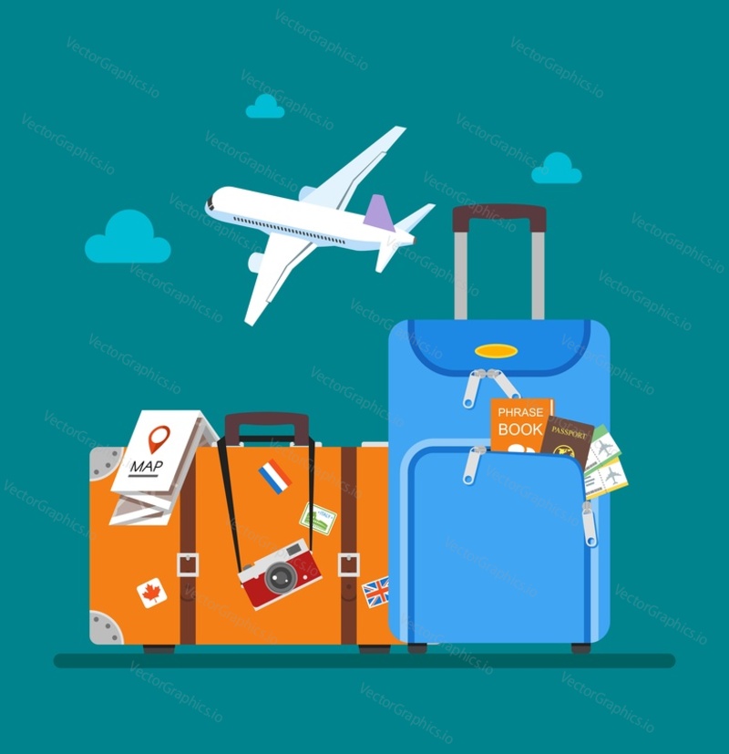 Travel concept vector illustration in flat style design. Airplane flying above tourists luggage, map, passport, tickets, photo camera and landmarks. Vacation and tourism background.