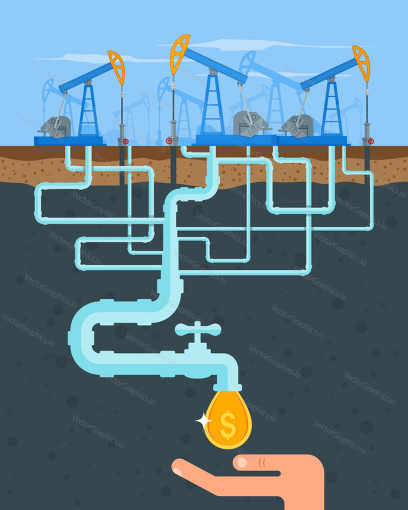 Transform oil to money concept. Get cash from oil pipe. Black gold. Oil pumps. Vector illustration in flat style. Oil and gas industry.