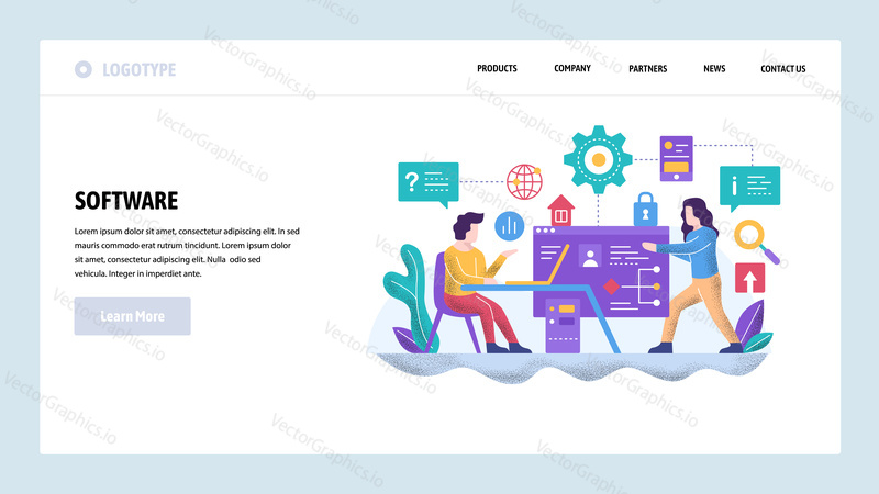 Векторный шаблон дизайна веб-сайта. Разработка программного проекта. Команда программистов работает вместе. Концепции целевых страниц для разработки веб-сайтов и мобильных устройств. Современная плоская иллюстрация.