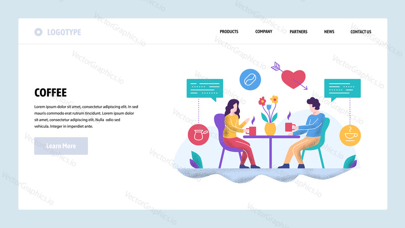 Vektorové webové stránky design šablony. Pár na rande pití kávy. Koncepty vstupní stránky pro vývoj webových stránek a mobilních zařízení. Moderní byt ilustrace.
