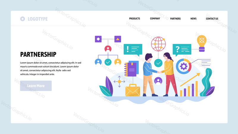 Vektorové webové stránky design šablony. Globální obchodní partnerství. Dohoda handshake. Koncepty vstupní stránky pro vývoj webových stránek a mobilních zařízení. Moderní byt ilustrace.