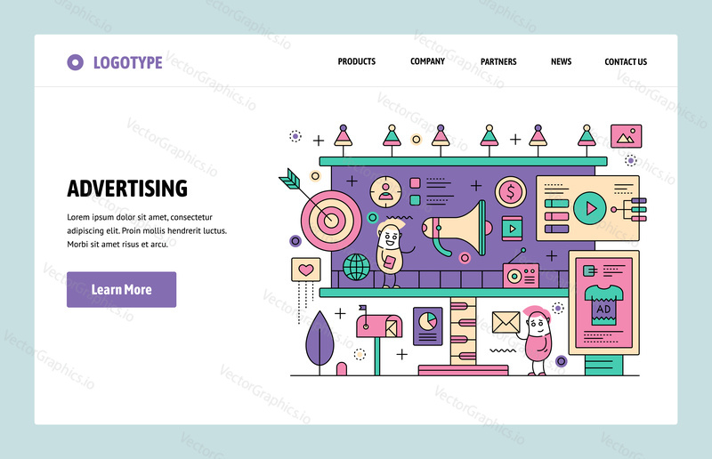 Vektorové webové stránky lineární umění design šablony. Digitální reklama a online marketing. Koncepty vstupní stránky pro vývoj webových stránek a mobilních zařízení.