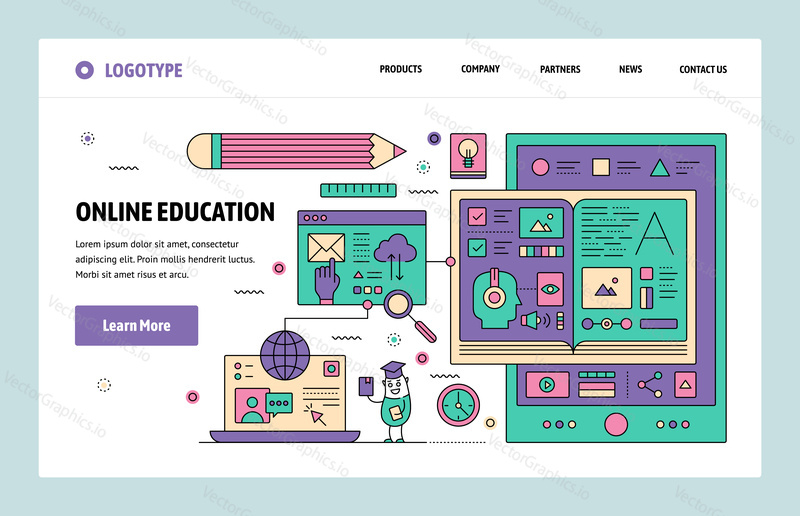 Vektorové webové stránky lineární umění design šablony. Online vzdělávání a internetový webinář. Koncepty vstupní stránky pro vývoj webových stránek a mobilních zařízení.