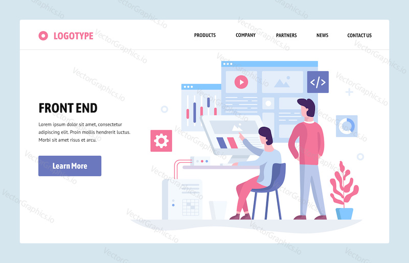 Vector web site linear art design template. Front end development team using futuristic dashboard and analyze data. Landing page concept for website and mobile development