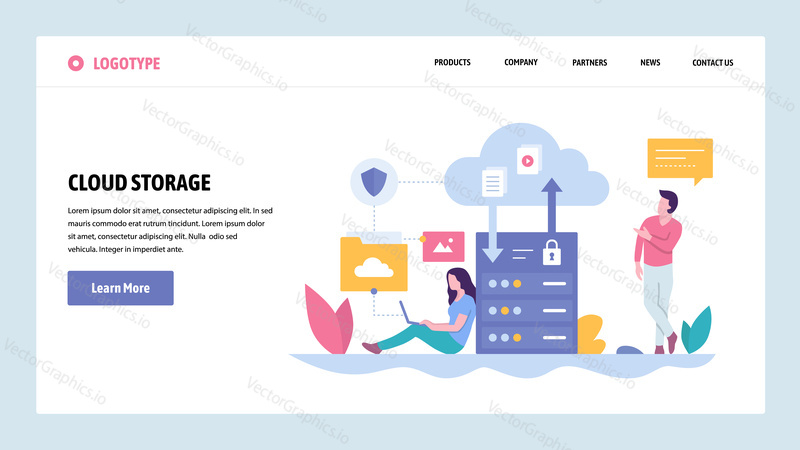 Vektorové webové stránky gradient design šablony. Technologie Cloud storage server. Bezpečné nahrávání a stahování dat. Koncepty vstupní stránky pro vývoj webových stránek a mobilních zařízení. Moderní ploché ilustrace
