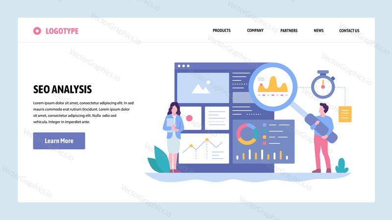 Vektorové webové stránky gradient design šablony. SEO analytika a optimalizace. Online marketing a návrhy klíčových slov. Koncepty vstupní stránky pro vývoj webových stránek a mobilních zařízení. Moderní ploché ilustrace