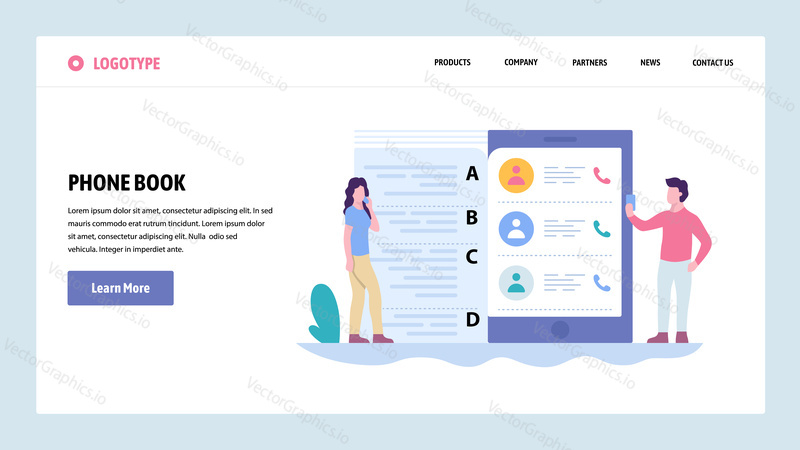 Vektorové webové stránky gradient design šablony. Seznam kontaktů mobilního telefonu. Koncepty vstupní stránky pro vývoj webových stránek a mobilních zařízení. Moderní ploché ilustrace