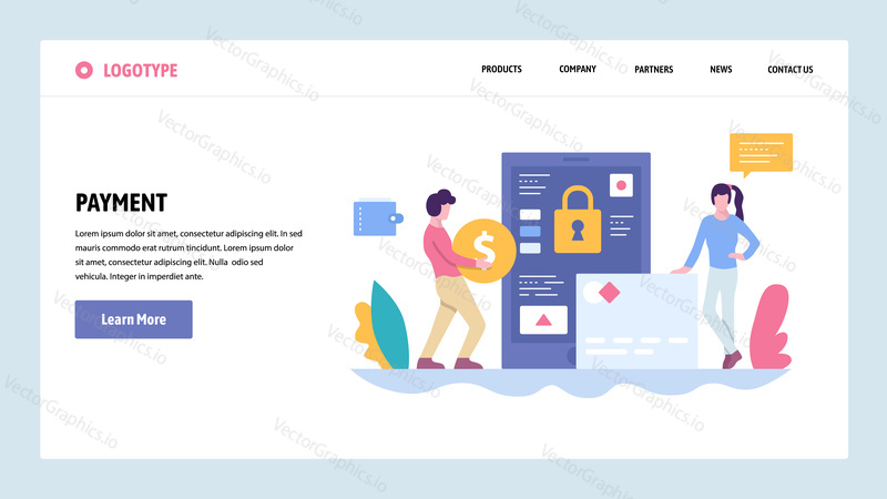 Vektorové webové stránky gradient design šablony. Online platba peněz. Digitální bankovnictví a bezpečné platby. Koncepty vstupní stránky pro vývoj webových stránek a mobilních zařízení. Moderní ploché ilustrace