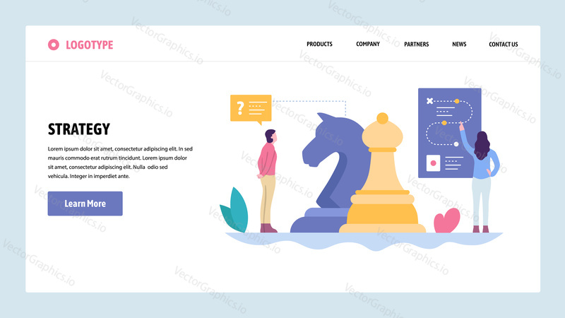 Vektorové webové stránky gradient design šablony. Obchodní a marketingová strategie. Byznys jako šachová partie. Koncepty vstupní stránky pro vývoj webových stránek a mobilních zařízení. Moderní ploché ilustrace
