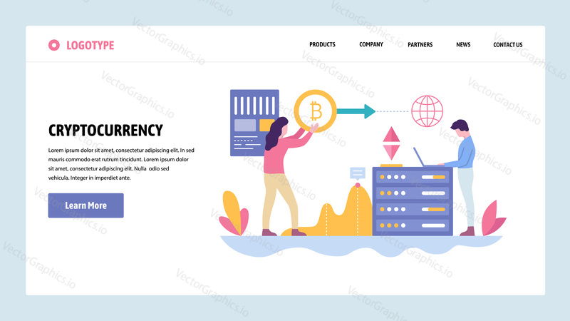 Vektorové webové stránky gradient design šablony. Blockchain technologie a kryptoměna. Online digitální peníze, bitcoin, ethereum. Koncepty vstupní stránky pro vývoj webových stránek a mobilních zařízení. Moderní ploché ilustrace