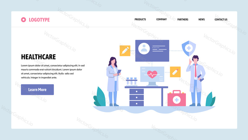 Vektorové webové stránky gradient design šablony. Doktor a sestra v nemocnici, lékařská prohlídka. Koncepty vstupní stránky pro vývoj webových stránek a mobilních zařízení. Moderní ploché ilustrace