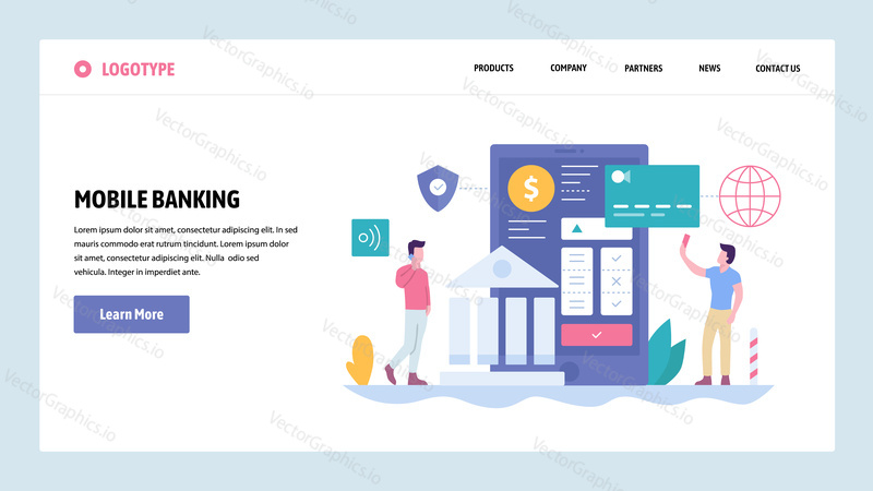 Vektorové webové stránky gradient design šablony. Online digitální bankovní a internetové platby. Bezpečný převod peněz z mobilního telefonu. Koncepty vstupní stránky pro vývoj webových stránek a mobilních zařízení. Moderní ploché ilustrace