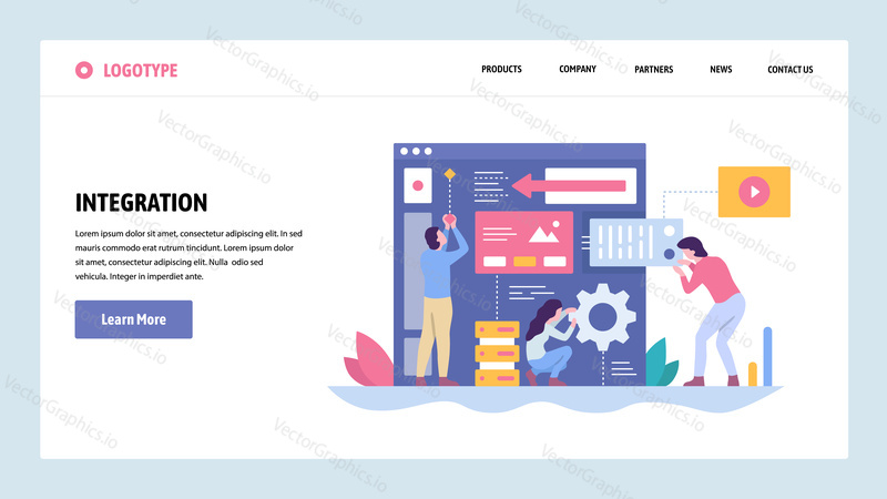 Vektorové webové stránky gradient design šablony. Vývoj softwaru a webových stránek. Team building nová integrace aplikací. Koncepty vstupní stránky pro vývoj webových stránek a mobilních zařízení. Moderní ploché ilustrace