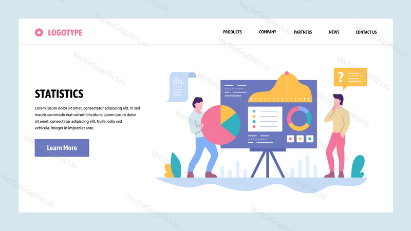 Vektorové webové stránky gradient design šablony. Analýza dat a prezentace statistik. Grafy a grafy. Koncepty vstupní stránky pro vývoj webových stránek a mobilních zařízení. Moderní ploché ilustrace