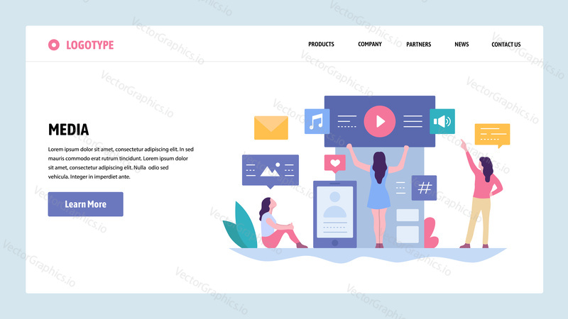 Vektorové webové stránky gradient design šablony. Online digitální mediální obsah. Hudba, video a fotografický obsah. Koncepty vstupní stránky pro vývoj webových stránek a mobilních zařízení. Moderní ploché ilustrace